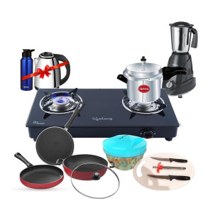 Lifelong Kitchen Set 2-Burner Gas Stove, 3-Piece Cookware Set, 500W Mixer Grinder, 3L Pressure Cooker, 1.5L Electric Kettle, Water Bottle with Chopper, Chopping Board, Knives & Gas Lighter (LLCMBGS01)