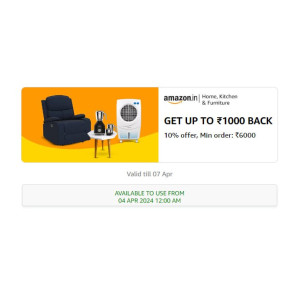 Upcoming | Get 10% Cashback Upto Rs.1000 Cashback On Home & Kitchen & Furniture Order[Offer Duration 4th - 7th April/ Min Order Amount 6000]