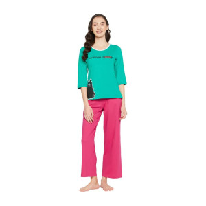 Clovia Women's Cotton Text Print Top & Solid Flared Pyjama Set in Green