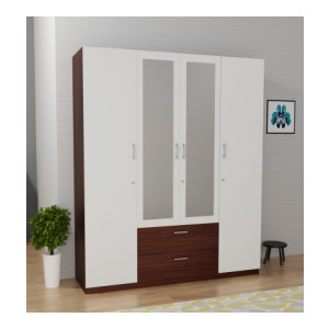 Barewether Engineered Wood 4 Door Wardrobe  (Finish Color - Walnut with White, Mirror Included, Knock Down)