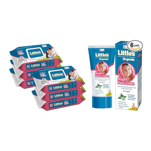 Little's Soft Cleansing Baby Wipes Lid, 80 Wipes (Pack of 6) & Little's Organix Diaper Rash Cream (50 g - Tube with Monocarton), with Organic Ingredients (Aloe Vera and Neem extract),White