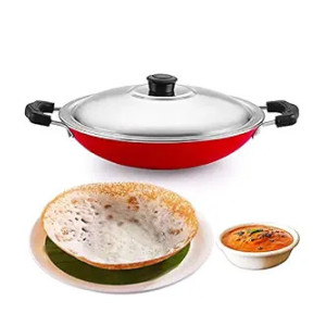 PANCA Non-Stick Aluminium Appachatti with Stainless Steel lid, 2.6mm, Red/Black, 23cm, Gas Compatible, Product Type, Has Nonstick Coating