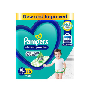 Pampers All round Protection Pants Style Baby Diapers, X-Large (XL) Size, 56 Count, Anti Rash Blanket, Lotion with Aloe Vera, 12-17kg Diapers (Coupon)