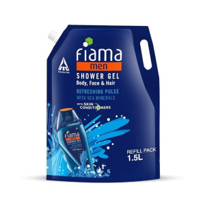 Fiama Men Body Wash Shower Gel Refreshing Pulse, 1.5L Body Wash Refill Pack for Men with Skin Conditioners & Sea Minerals for Soft & Refreshed Skin, Mens Moisturising Bodywash for Dry Skin
