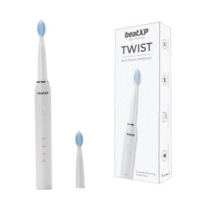 beatXP Twist Sonic Electric Toothbrush for Adults with 4X Plaque Removal & 2 Brush Heads & 3 Cleaning Modes | Rechargeable Electric Toothbrush | 20500 strokes/min with Long Battery Life (White)