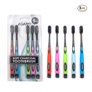 AGARO Charcoal Manual Toothbrush, Gentle Soft, Teeth Whitening For Adults & Children, Medium Tip Bristles, Family Pack of 5, Mix Colour