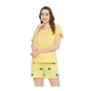 Clovia Women's Cotton Back Print Top & Shorts Set in Yellow