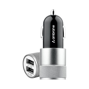 Ambrane 12W Fast Car Charger, Dual USB Output, Multi-Layer Protection, Fast Charging, Compatible with All Cars, Without Cable for All Mobiles & Other USB Enabled Devices (ACC74, Black & Silver)