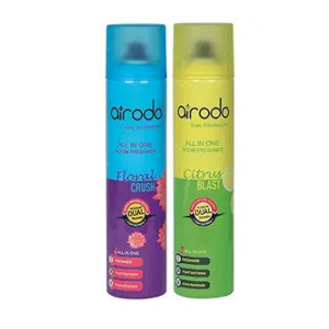 AIRODO Citrus Blast and Floral Crush Air Freshener Combo Pack with Dual Technology, Easy Push and Spray, Stain Removal, All in One Room Freshener for Home and Office (250ml, Pack of 2)