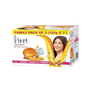 Vivel Glycerin Bathing Bar Soap for Soft Moisturized Skin with Pure Almond Oil & Vitamin E, 375g (125g - Pack of 3), Soap for Women & Men, For All Skin Types