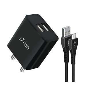 pTron Volta Dual Port 12W Smart USB Charger Adapter with 1M Micro USB Cable, Multi-Layer Protection, Made in India, BIS Certified, Fast Charging Adaptor for All iOS & Android Devices (Black)