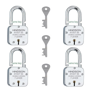 HINDSON Small Lock Atoot 50mm with 3 Key, Atoot 50 Steel Double Locking, 7 Lever Padlock for Door, Gate, Shutter (Finish Silver) (Atoot 50mm Pack 2)