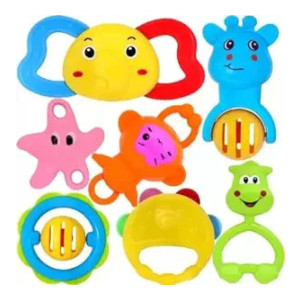 Cable World® Colourful Plastic Non Toxic Set of 7 Attractive Rattles and Teathers for New Borns, Baby,Kid (Multi Color)