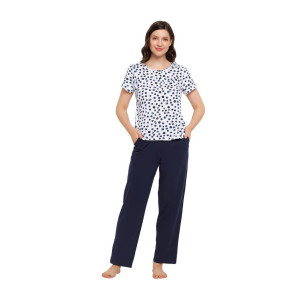 Clovia Women's Cotton Printed Top & Pyjama Set - White