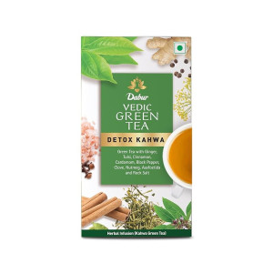 DABUR Vedic Detox Kahwa Green Tea - 25 Teabags | Blend Of 8 Real Ayurvedic Herbs & Rock Salt | Helps In Detoxification | Improves Digestion | Ideal After Meal Beverage, 63 Grams