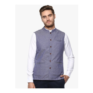 SALWAR STUDIOMen Cotton Printed Grey & Blue Nehru Jackets