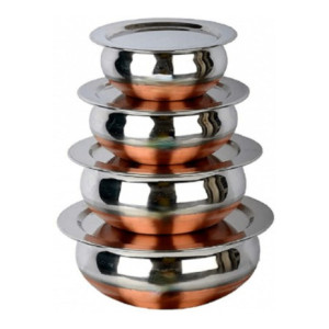 RBGIIT Pack of 8 Stainless Steel Stainless Steel Copper Bottom Cooking & Serving Biryani/Punjabi/ Pot /Handis mirror finish design Handi Copper Vegetable Bowl ,Cooking Dinner Table Serving Biryani Pot Handi Kadhai , Panikarilikka Steel Handi Perfect Copper Handi Set for Everyday Use Whether you want to cook a delicious serving of your favourite sabzi or heat leftover curries from the previous day Stainless Steel Copper Bottom Cooking Serving Pot Biryani Handi serving Handi/tableware/storage containers/bakeware/ dinner set/ kitchen set steel item for home appliances and kitchen serving cooking combo set with lid/cover/dhakkan/ storage container copper handi /URLI set fruit and salad bowl Cookware set Cookware/ Container/pot pan/patila/bhagona/Serving bowl/biryani cook & serve Set Dinner Set  (Steel, Microwave Safe)