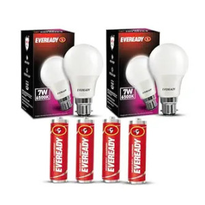 Eveready 7W LED Light Bulb | Energy Efficient| With 4KV Surge Protection for 440 V | 4 AA Batteries Included | 100 Lumens Per Watt | Cool Day Light (6500K) | Pack of 2