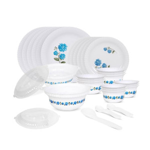 RYLAN Blue Dinner Set | 36 Pieces for Family of 6 | Microwave & Dishwasher Safe | Bone-Ash Free | Crockery Set for Dining & Gifting | Plates & Bowls | White(Plastic Materail)