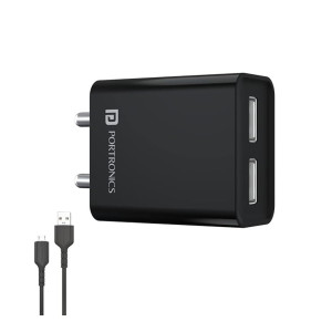Portronics Adapto 66 2.4A 12w Dual USB Port 5V/2.4A Wall Charger,Comes with 1M Micro USB Cable, USB Wall Charger Adapter for iPhone 11/Xs/XS Max/XR/X/8/7/6/Plus, iPad Pro/Air 2/Mini 3/Mini 4, Samsung S4/S5, and More (Black)