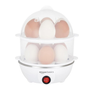 amazon basics Double Decker Plastic Egg Boiler | Stainless Steel Heating Plate | Measuring Cup | Compact | Dishwasher Safe, 500 ml