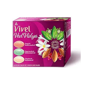 Vivel VedVidya Luxury Pack of 3 Skincare Soaps for Soft, Even-toned, Clear, Radiant and Glowing Skin, Suitable for all Skin types, 300g (100g - Pack of 3), Soap for Women & Men, For All Skin Types