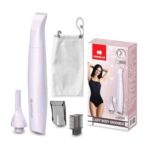 Havells 4-in-1 Lady Body Groomer | Bikini & Eyebrow Trimmer with Protective Combs | Recharegeable (Battery Powered) | Travel friendly pouch | 2 Years Guarantee | Stunning Purple | FD5004