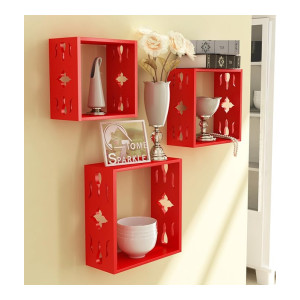 Home Sparkle Sh688 Wall Shelf, Set of 3 (Lacquer Finish, Red) - Engineered Wood
