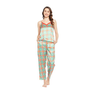 Clovia Women's Satin Emoji Print Cami Top & Pyjama Set