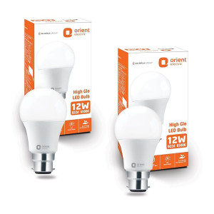 Orient Electric 12W High Glow LED bulb| 180-degree wide beam angle| Voltage surge protection up to 4 kV| 6500K, Cool White| B22d base| Made in India| Pack of 2
