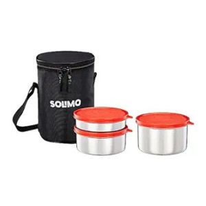 Amazon Brand - Solimo Executive Lunch Box Set | Stainless Steel Containers - Set of 3 (250 ML + 400 ML + 550 ML) & Insulated Easy-to-Carry Lunch Bag for School, College, Office Use - Red
