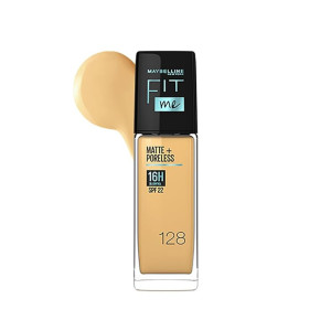 Maybelline New York Liquid Foundation, Matte Finish, With SPF, Absorbs Oil, Fit Me Matte + Poreless, 128 Warm Nude, 30 ml