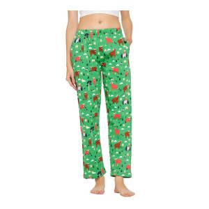 Clovia Women's Fleece Christmas Print Pyjama With Pocket In Green
