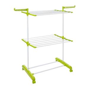 Amazon Brand - Solimo Premium Steel Double Supported 2 Layer Cloth Drying Rack, Foldable and Movable (White & Green)