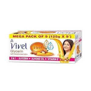 Vivel Glycerin Bathing Bar Soap for Soft Moisturized Skin with Pure Almond Oil & Vitamin E, 1125g (125g - Pack of 9), Soap for Women & Men, For All Skin Types
