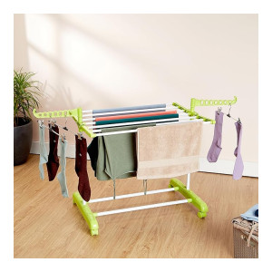 Amazon Brand - Solimo Premium Steel Double Support Cloth Drying Rack | Foldable and Movable | White & Green