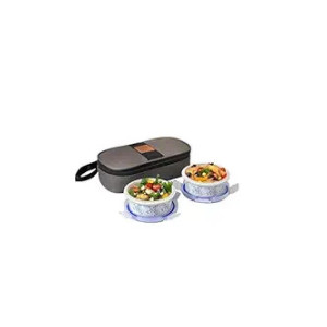 CELLO Opalware Mosaic Rose Lunch Box with Jacket | Leak-Proof & Thermal Resistant | Microwave Safe & Dishwasher Safe | 2 Container with Lid 300ml Each | Set of 2