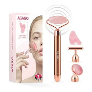 AGARO 4-In-1 Electric Rose Quartz Face Roller With Gua Sha, Facial Roller Kit for Face, Eye, Neck, Jade Roller, Anti-Aging Facial Massager for Anti-Wrinkles, Skin Firming and Lifting, (Rose Gold)