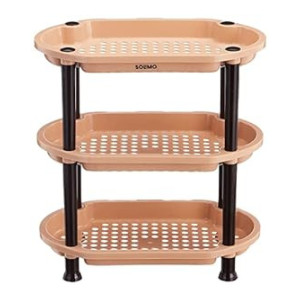 Amazon Brand - Solimo Three-Tier, Multipurpose Plastic Rack for Kitchen, Living Room, Puja Room, Children's Room, Balcony (Oval, Beige and Brown)
