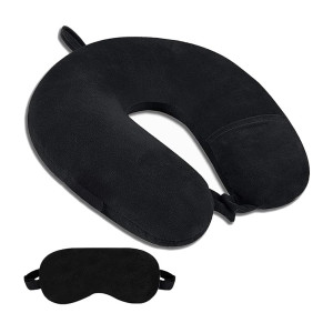 FUR JADEN Suede Travel Neck Pillow Rest Cushion With Eye Mask For Travel In Flight, Car, Train, Airplane With 10 Years Warranty For Sleeping For Men And Women (Black)