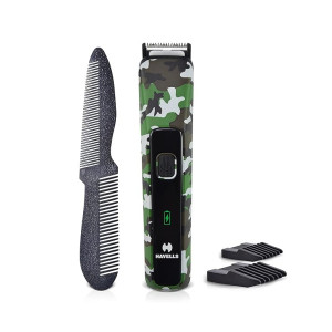Havells Bt5113 Rechargeable Beard Trimmer,Super Fast Charge,Trimming Lengths Upto 13 Mm For Multiple Styles (Military) (Black&Green),Men