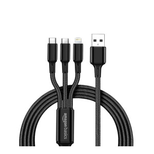 amazon basics 3-In-1 Charging Cable| Micro Usb, Type-C And Lightning, 15W Fast-Charging Cable | 1M, Wide Compatibility, Black