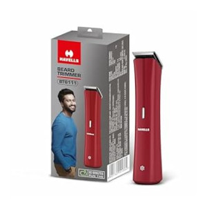Havells BT6111 Beard Trimmer, Skin Firendly Stainless Steel Blades, 90 mins runtime, up to 13 mm length settings, 2 Years Guarantee (Red)
