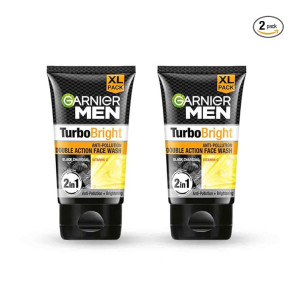 Garnier Men Turbo Bright Double Action Face Wash, Deep Cleansing Anti Pollution Face Wash with Charcoal and Vitamin C, Suitable for all Skin Types, 150g x2 (Pack of 2)