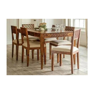 The Attic Ambient KL-1764 Six Seater Dinner Table Set (Lacquered Finish, Honey)