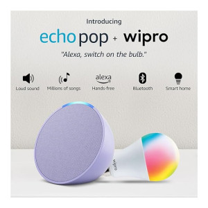 Amazon Echo Pop (Purple) Combo with Wipro 9W LED Smart Color Bulb