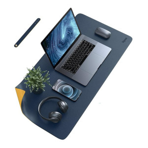 Dyazo Vegan PU Leather Mouse Pad, Extended Desk Mat for Work from Home/Office/Gaming, Reversible Anti-Slip, Design Water Resistant Desk Spread (35 Inch * 17.7 Inch Navy Blue and Yellow Ochre)
