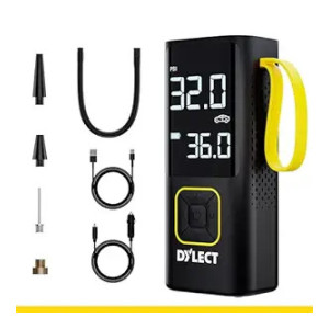 DYLECT Smart Tyre Inflator for Car,Bikes, Cycles & Smart Phone Power Bank with 6000mAh Battery, Hybrid-Works on Battery & DC Both,Upto 150 PSI,Dual Display| LED Light |Auto Cut-Off| Multiple Nozzles