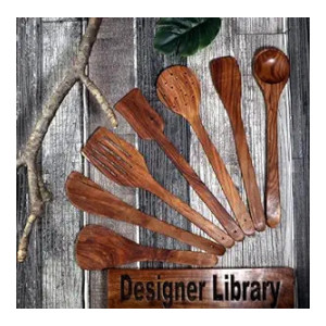 Designer Library - Sheesham Wood Spoon Set For Cooking Includes Dessert Rice Spoons, Frying Serving Spatula, Wooden For Nonstick Cookware Kitchen Utensils And Cooking Spoon (Set Of 7) - 35 Cm