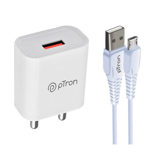 pTron Volta 12W Single Port USB Fast Charger, BIS Certified, Made in India Wall Charger Adapter, Universal Compatibility (1 m Micro USB Cable Included, White)